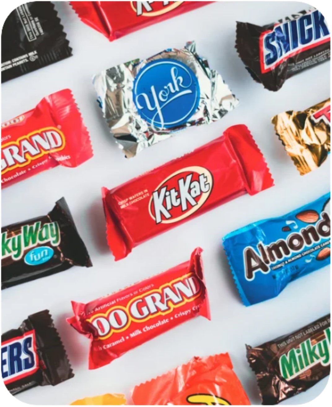 A colorful selection of brand-name candy and snacks