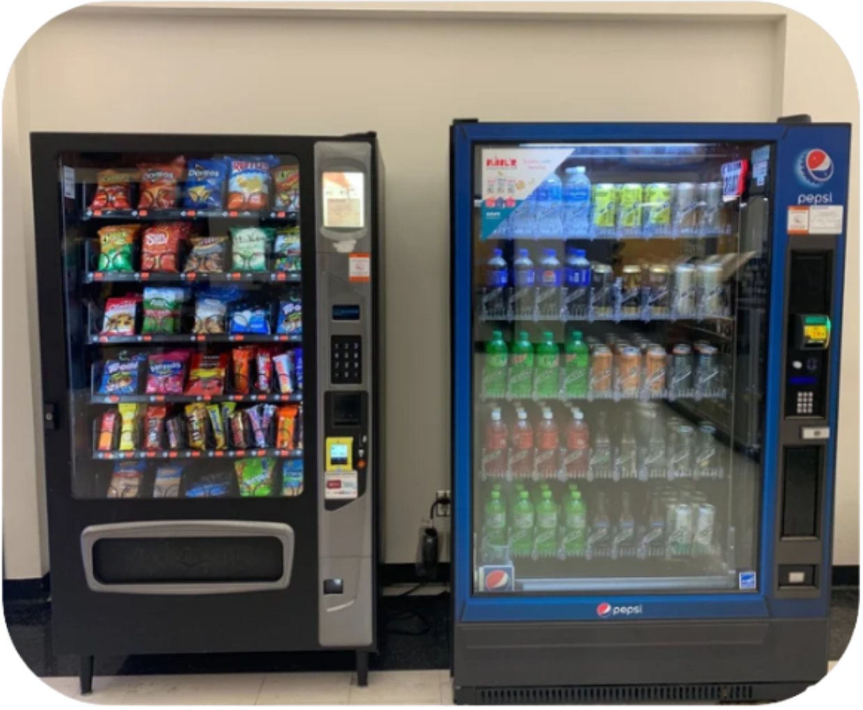 Snack and drink machines placed together at a Houston location