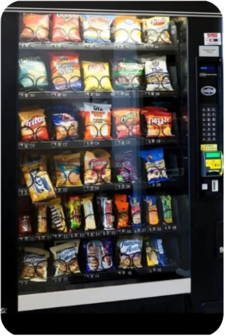 A freshly restocked vending machine with a full product selection